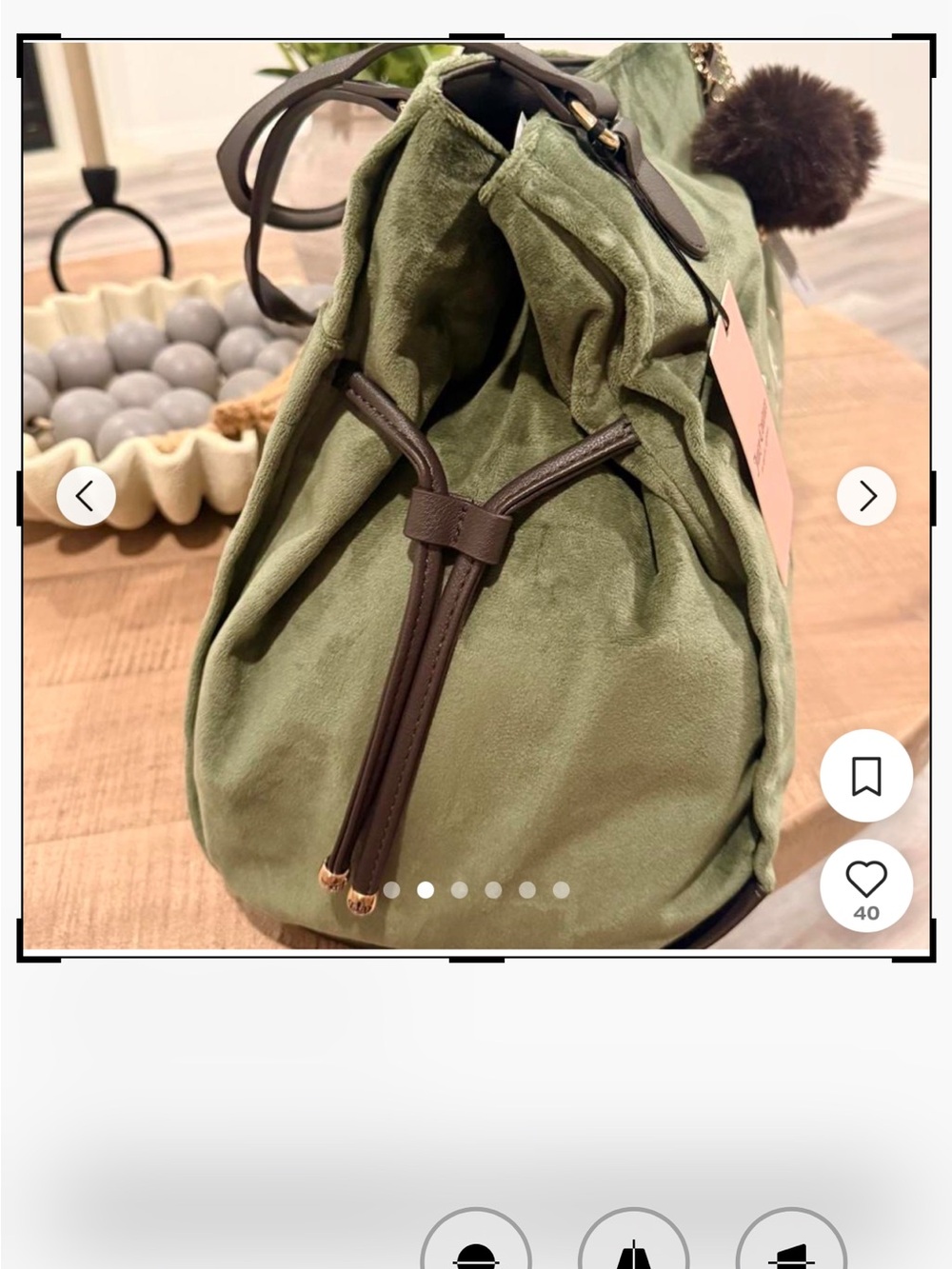 Juicy Couture Olive Green Suede Drawstring Shoulder Bag with Brown Trim